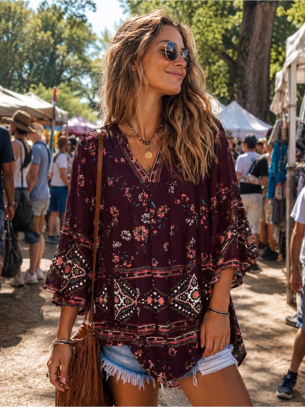 KNOX ROSE Burgundy Floral Boho Tunic Polyester Blouse Size XS